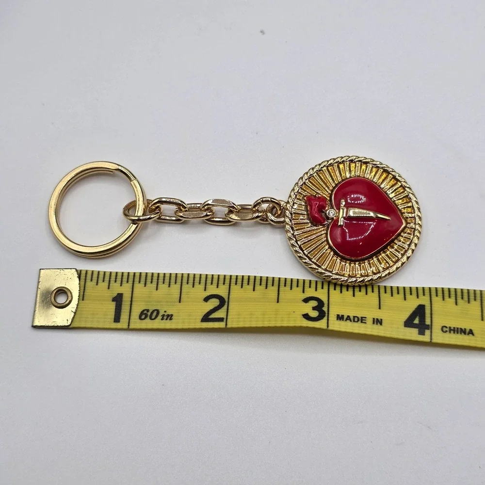 St. John Sacred Heart Gold Tone Red Enamel‎ Keychain Fob Bag Charm Designer